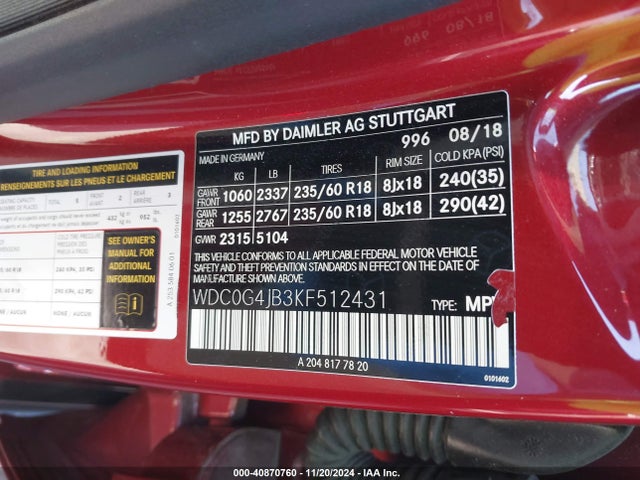 WDC0G4JB3KF512431 Mercedes-Benz GLC 300
