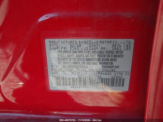 Продаж на аукціоні авто 2018 Nissan Sentra Sv, vin: 3N1AB7AP4JY256414, номер лоту: 40870763