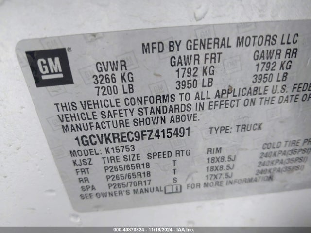 Chevrolet Silverado 1500 2lt 2015 1GCVKREC9FZ415491 Image 9