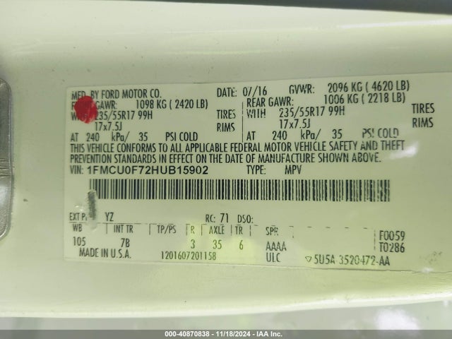 Ford ESCAPE S 2017 1FMCU0F72HUB15902 Image 9