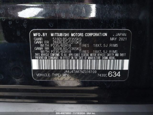 JA4J4TA87NZ016109 Mitsubishi Outlander Es 2.5