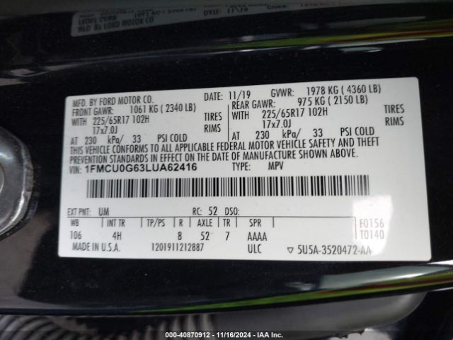 1FMCU0G63LUA62416 Ford ESCAPE SE