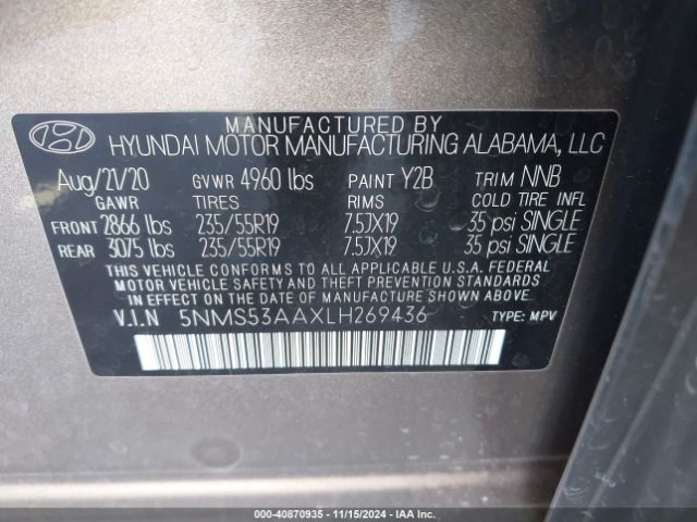 5NMS53AAXLH269436 Hyundai Santa Fe Limited 2.0t