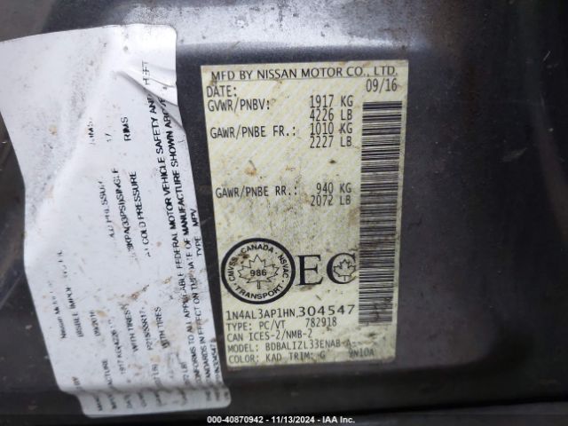 1N4AL3AP1HN304547 Nissan Altima 2.5/2.5 S/2.5 Sl/2.5 Sr/2.5 Sv