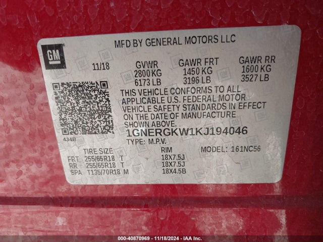 Chevrolet Traverse 1lt 2019 1GNERGKW1KJ194046 Image 9