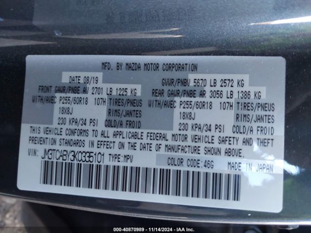 JM3TCABY3K0335101 Mazda CX-9 SPORT