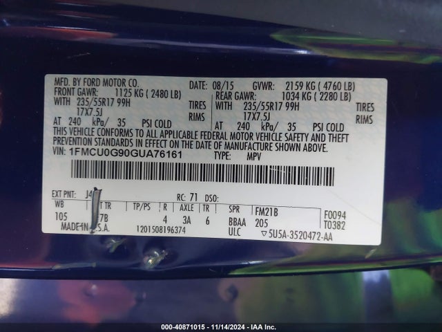 Ford ESCAPE SE 2016 1FMCU0G90GUA76161 Image 9