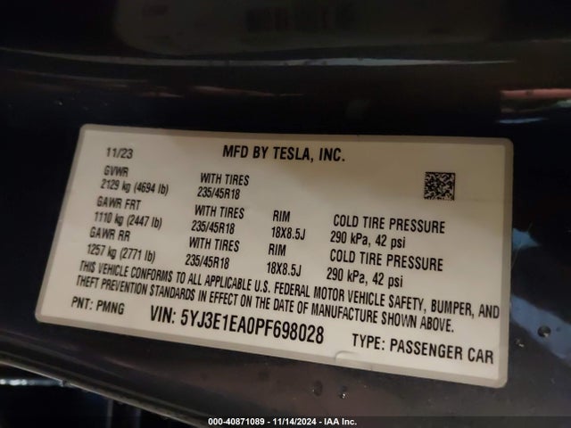2023 TESLA MODEL 3 5YJ3E1EA0PF698028 Photo 8
