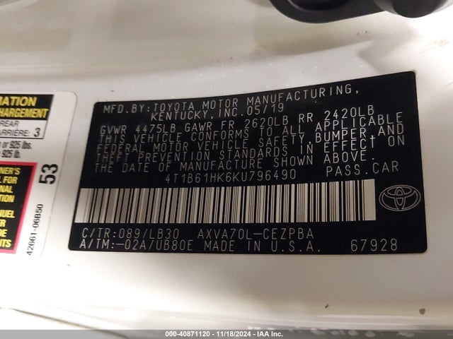 4T1B61HK6KU796490 Toyota CAMRY XSE