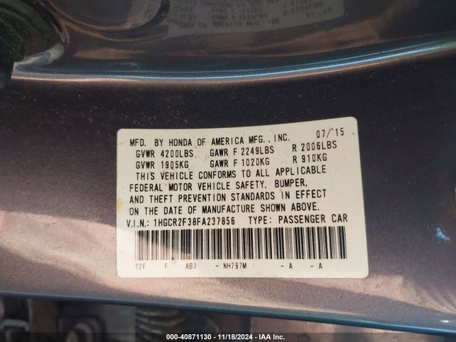 Honda ACCORD LX 2015 1HGCR2F38FA237856 Image 9