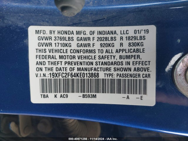 Honda Civic Lx 2019 19XFC2F64KE013868 Image 9
