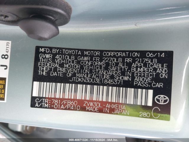 JTDKN3DU3E1845371 Toyota Prius