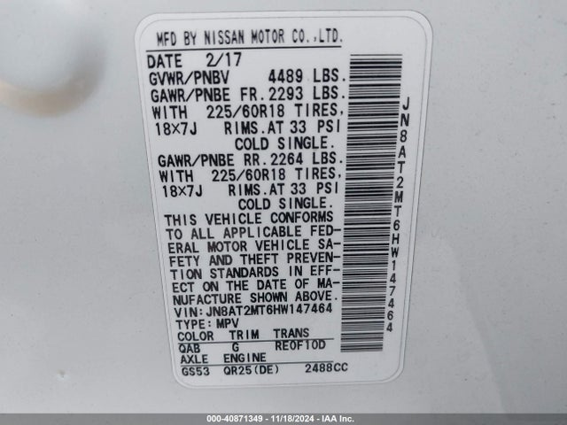 Nissan Rogue Sl 2017 JN8AT2MT6HW147464 Image 9