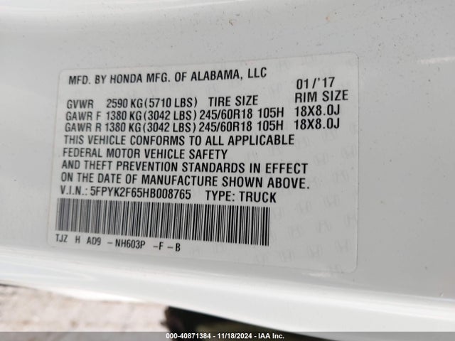 Honda Ridgeline Rtl-t 2017 5FPYK2F65HB008765 Image 9