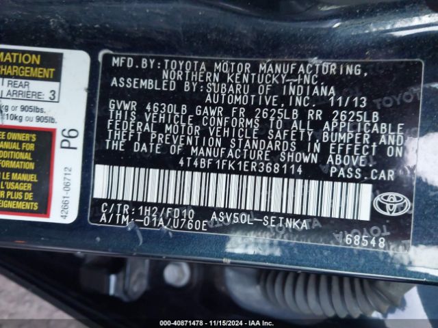 4T4BF1FK1ER368114 Toyota CAMRY LE