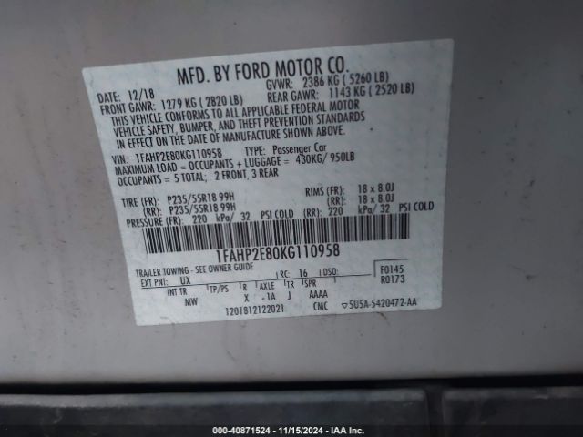 1FAHP2E80KG110958 Ford TAURUS SEL