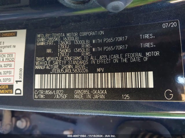 Toyota 4runner Sr5 Premium 2020 JTEBU5JR0L5830326 Image 9
