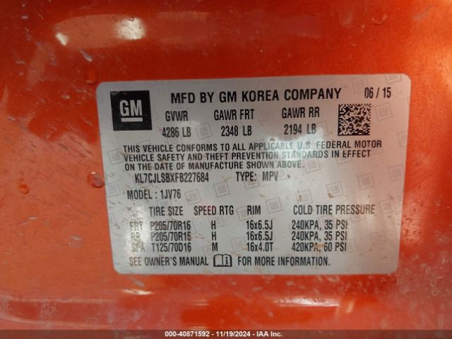 KL7CJLSBXFB227684 Chevrolet Trax Lt