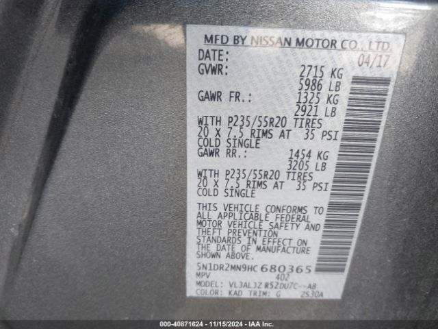 5N1DR2MN9HC680365 Nissan Pathfinder Platinum