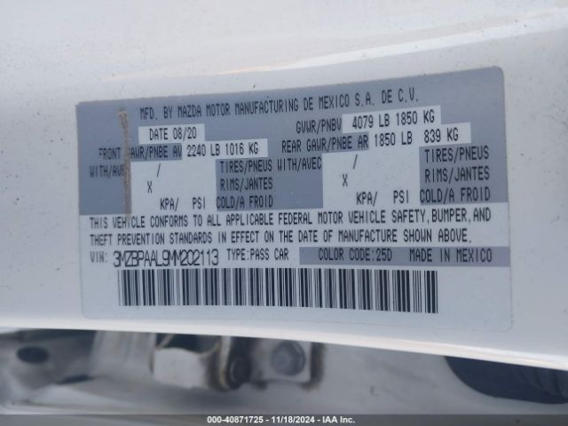 3MZBPAAL9MM202113 Mazda Mazda3 2.5 S