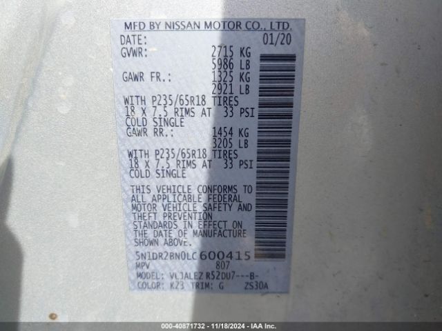 5N1DR2BN0LC600415 Nissan Pathfinder Sv 2wd