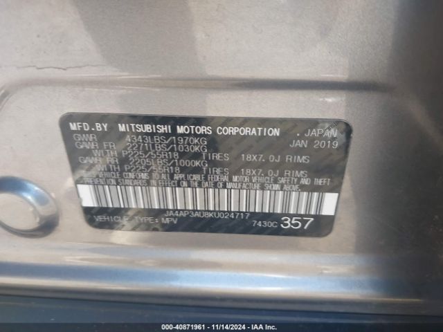 JA4AP3AU8KU024717 Mitsubishi Outlander Sport 2.0 Le