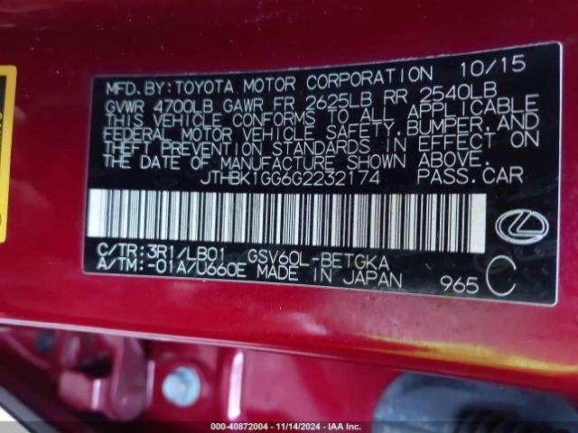 JTHBK1GG6G2232174 Lexus ES 350