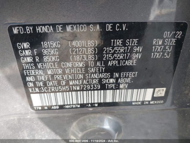 3CZRU5H51NM729339 Honda Hr-v 2wd Ex
