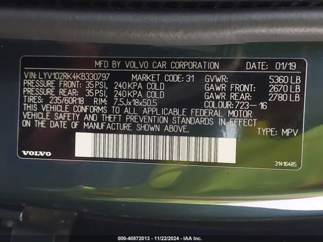 LYV102RK4KB330797 Volvo Xc60 T5 Momentum