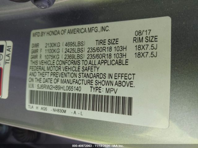 5J6RW2H89HL065140 Honda Cr-v Ex-l/ex-l Navi