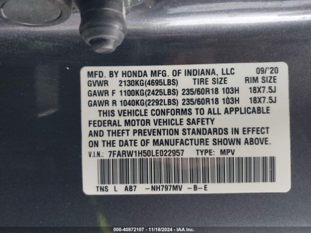7FARW1H50LE022957 Honda Cr-v 2wd Ex