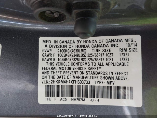 Honda Cr-v Ex-l 2015 2HKRM4H7XFH603733 Image 9
