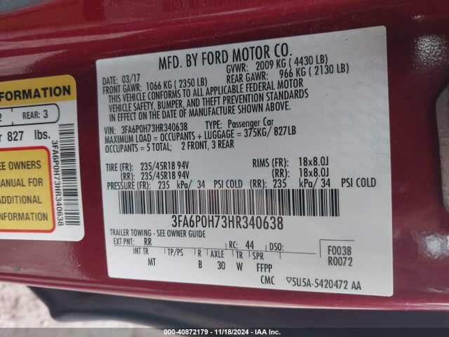 Ford FUSION SE 2017 3FA6P0H73HR340638 Image 9