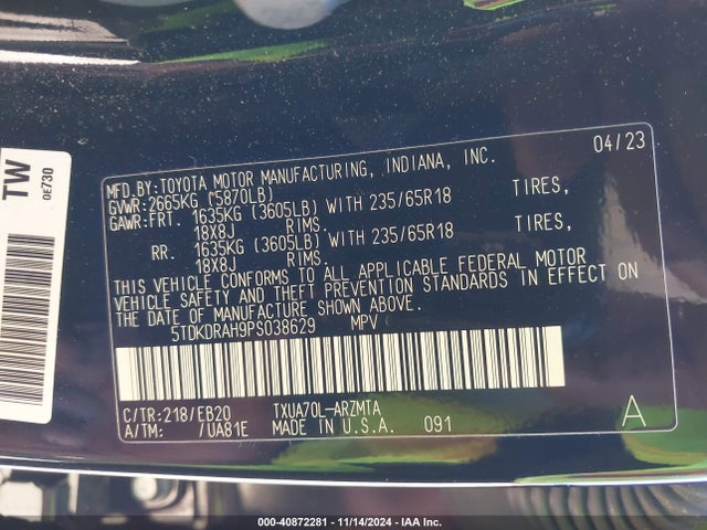 Toyota Highlander Xle 2023 5TDKDRAH9PS038629 Image 9
