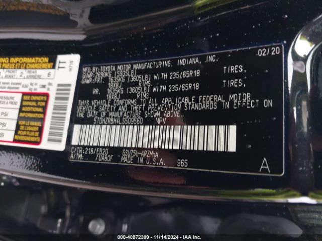 5TDHZRBH4LS509560 Toyota Highlander Xle