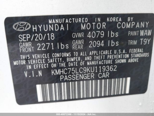 KMHC75LC9KU119362 Hyundai Ioniq Hybrid Sel