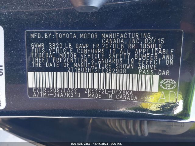 2T1BURHE3FC392908 Toyota Corolla S Premium