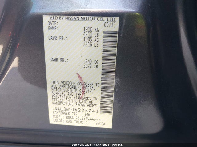 Nissan Altima 2.5 S 2014 1N4AL3AP2EN225741 Image 9