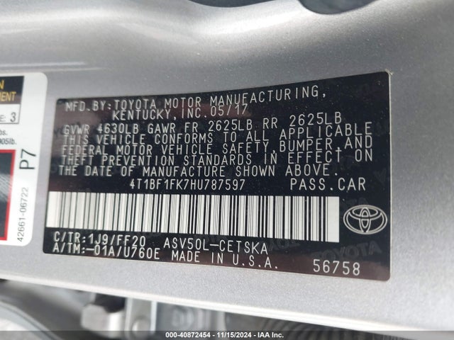 Toyota CAMRY SE 2017 4T1BF1FK7HU787597 Image 9