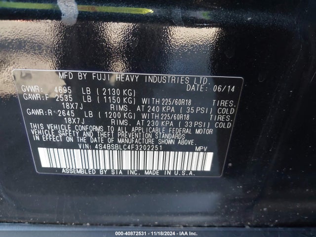 Subaru Outback 2.5i Limited 2015 4S4BSBLC4F3202251 Image 9