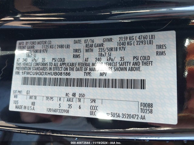 1FMCU9GDXHUB08186 Ford ESCAPE SE