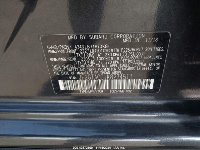 JF2GTACC1K8274511 Subaru Crosstrek 2.0i Premium