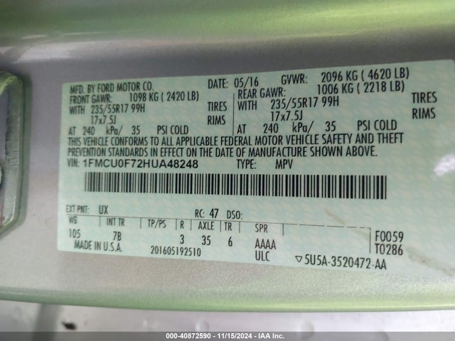 Ford ESCAPE S 2017 1FMCU0F72HUA48248 Image 9