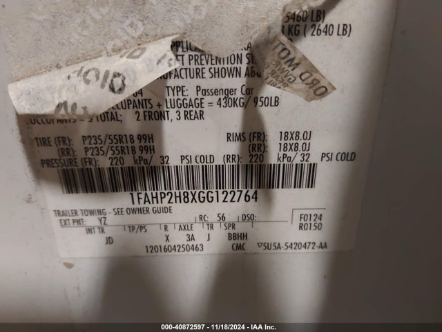 1FAHP2H8XGG122764 Ford TAURUS SEL