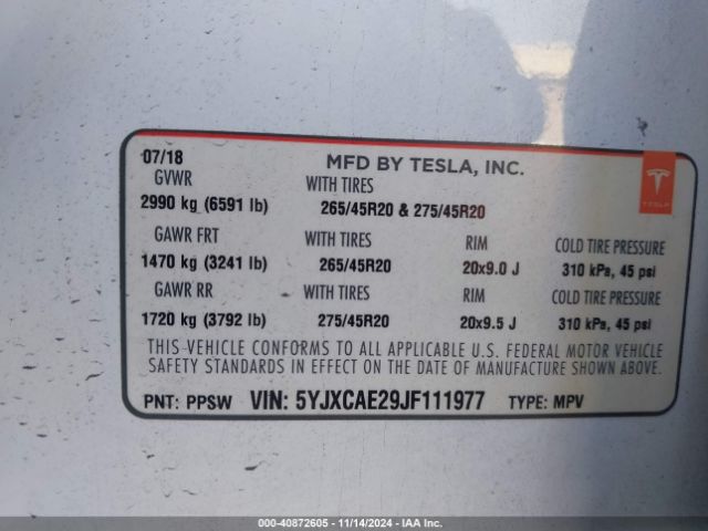 5YJXCAE29JF111977 Tesla Model X 100d/75d/p100d