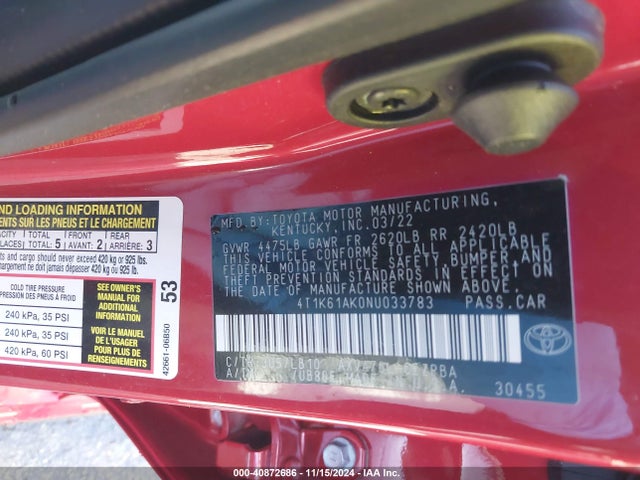 Toyota CAMRY XSE 2022 4T1K61AK0NU033783 Image 9