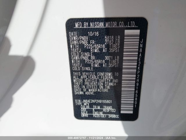 JN8AE2KP2H9165801 Nissan Quest Sv