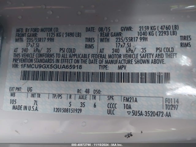 Ford ESCAPE SE 2016 1FMCU9GX5GUA65918 Image 9
