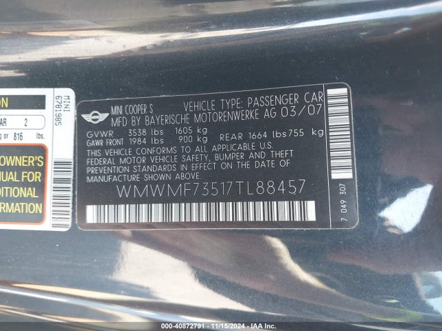 2007 MINI COOPER S WMWMF73517TL88457 Photo 8