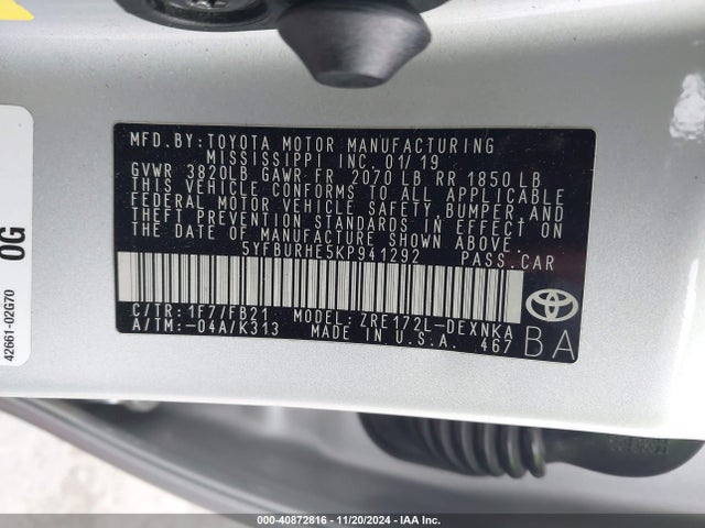 Продаж на аукціоні авто 2019 Toyota Corolla Le, vin: 5YFBURHE5KP941292, номер лоту: 40872816